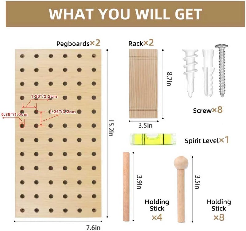 UMICAL Beige Wood Pegboard Modular Display Wooden Pegboard Combination Wall Organizer Storage Wall Hooks Shelf for Home, Office, Bathroom, Comes with 2 Pieces Pegboards - Image 3